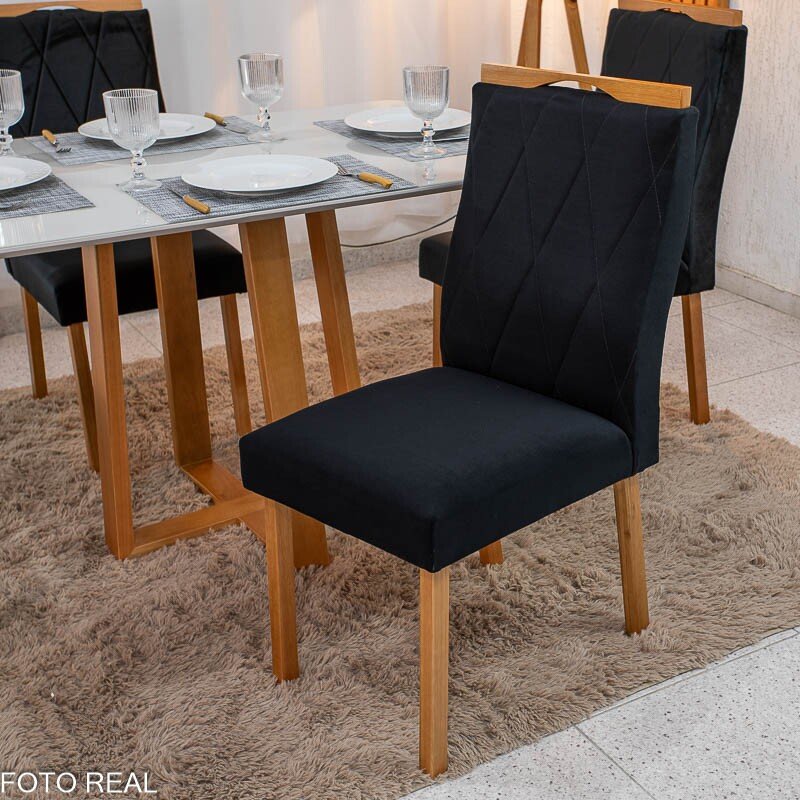 Mesa de Jantar Pedro 120×80 Vidro Off/Base Madeira + 4 Cad. Lisboa Veludo Preto 504 Madeira Art Assento - Entregue Montada - Imagem 6