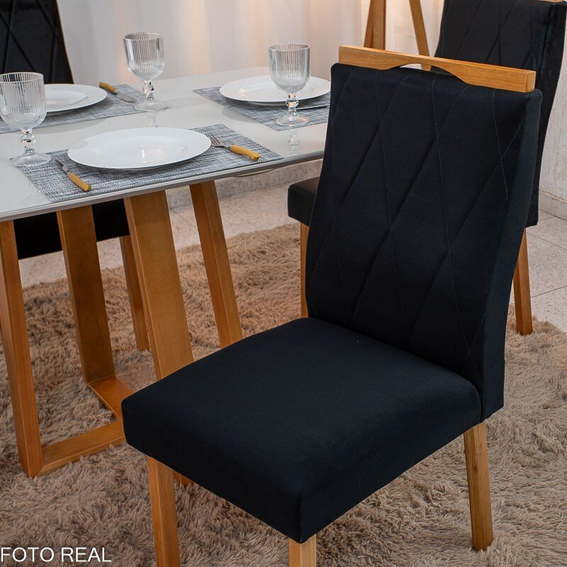 Mesa de Jantar Pedro 120×80 Vidro Off/Base Madeira + 4 Cad. Lisboa Veludo Preto 504 Madeira Art Assento - Entregue Montada - Imagem 7