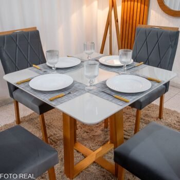 Alternative view of Mesa de Jantar Pedro 90×90 Vidro Off/Base Madeira + 4 Cad. Lisboa Veludo Cinza 507 Madeira Art Assento - Entregue Montada