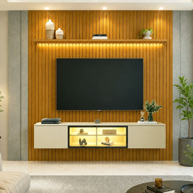 Painel Nobre Larg. 1.85m Naturale Ripado + Nicho Larg. 1.51m Luminare Off C/Led para TV até 75" - Gelius