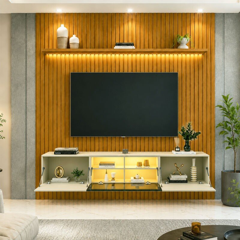 Painel Nobre Larg. 1.85m Naturale Ripado + Nicho Larg. 1.51m Luminare Off C/Led para TV até 75" - Gelius - Imagem 2