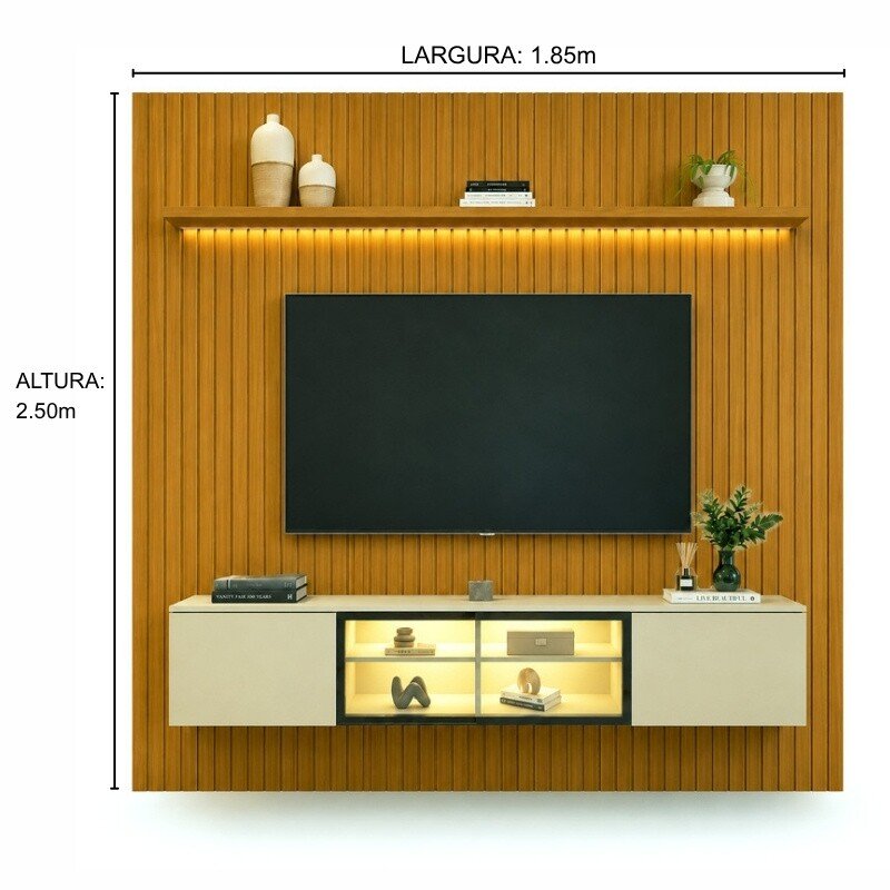 Painel Nobre Larg. 1.85m Naturale Ripado + Nicho Larg. 1.51m Luminare Off C/Led para TV até 75" - Gelius - Imagem 3