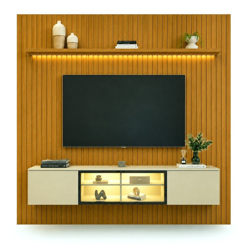 Painel Nobre Larg. 1.85m Naturale Ripado + Nicho Larg. 1.51m Luminare Off C/Led para TV até 75" - Gelius - Imagem 4