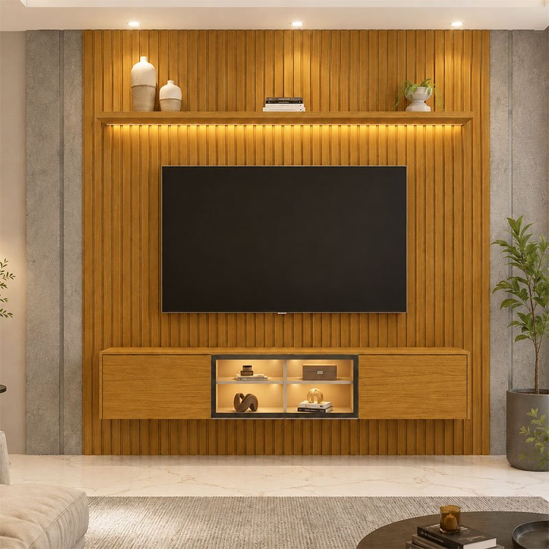 Painel Nobre Larg. 1.85m Naturale Ripado + Nicho Larg. 1.51m Luminare Naturale C/Led para TV até 75" - Gelius