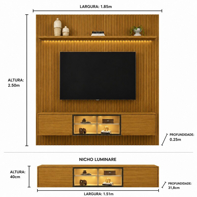 Painel Nobre Larg. 1.85m Naturale Ripado + Nicho Larg. 1.51m Luminare Naturale C/Led para TV até 75" - Gelius - Imagem 4