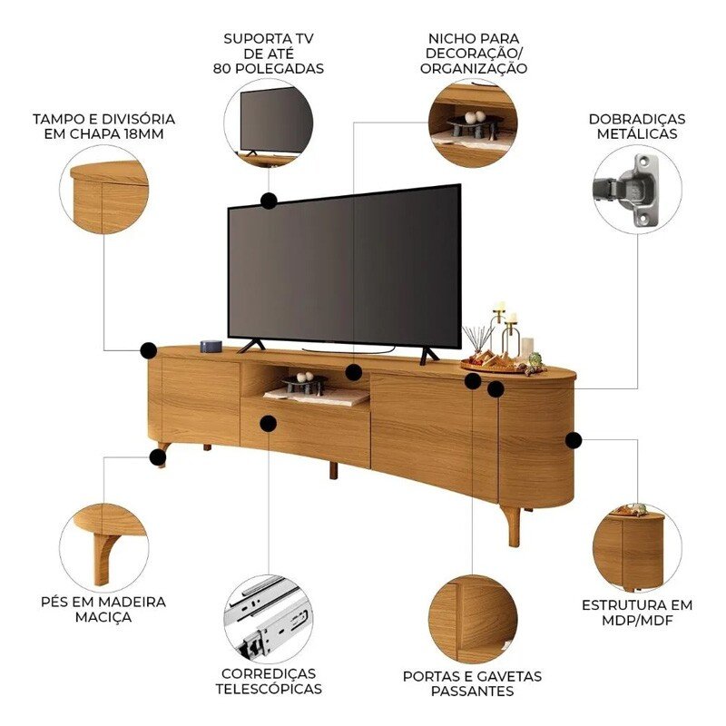 Rack Elara Larg. 2.00m Cinamomo para TVs até 80 Polegadas - HB Móveis - Imagem 4