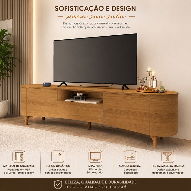 Rack Elara Larg. 2.00m Cinamomo para TVs até 80 Polegadas - HB Móveis - Imagem 5