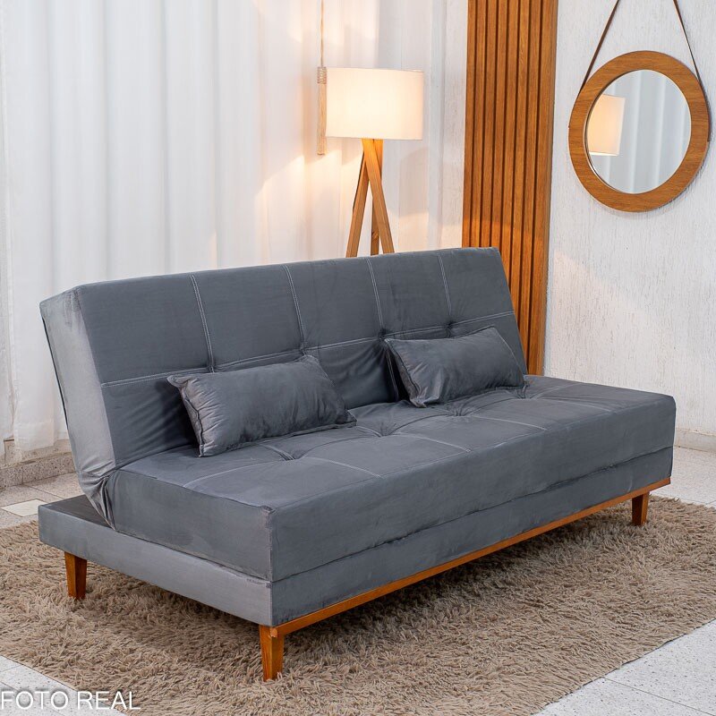Sofá Cama Madrid Veludo Cinza 2303 Larg. 1.80m - Molas Bonnel