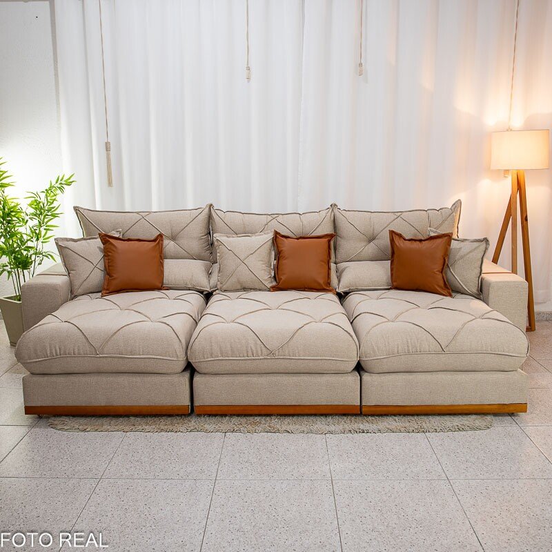 Sofá Retrátil Reclinável Gran Bello 3.20m Linho Bege - Molas Ensacadas - Imagem 4