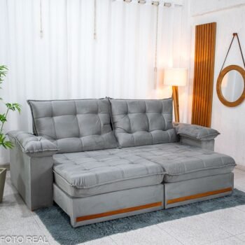 Sofá Retrátil Reclinável Mariana 2.30m Veludo Prata 321 - D33 e Molas Ensacadas