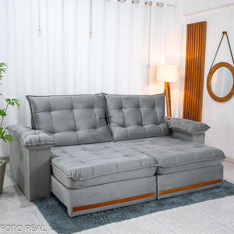 Sofá Retrátil Reclinável Mariana 2.30m Veludo Prata 321 - D33 e Molas Ensacadas