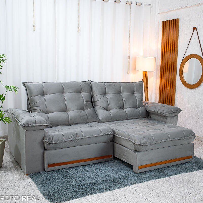 Sofá Retrátil Reclinável Mariana 2.30m Veludo Prata 321 - D33 e Molas Ensacadas - Imagem 4